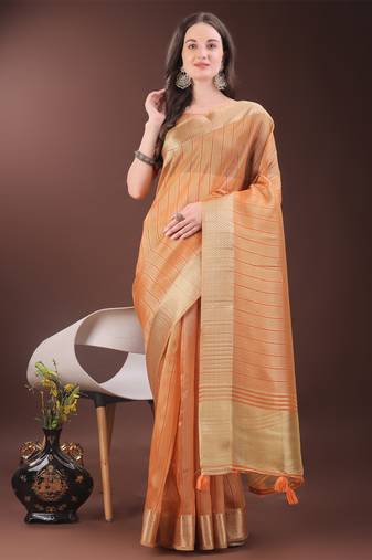 Orange organza woven zari work tassel saree