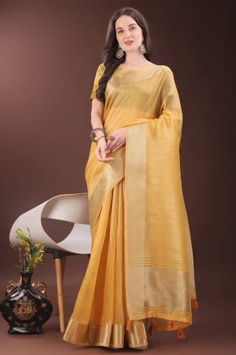 Mustrad organza woven zari work tassel saree