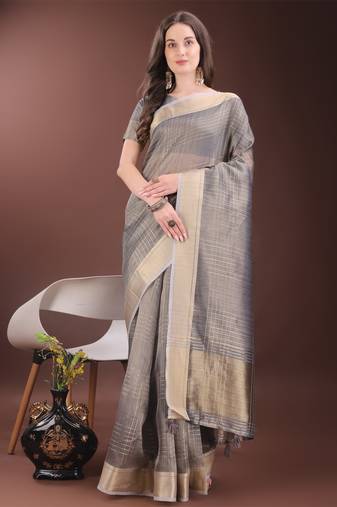 Grey organza woven zari work tassel saree