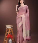 Pink organza woven zari work tassel saree