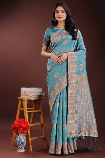 Sky blue linen cotton woven zari work tassel saree