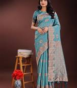 Sky blue linen cotton woven zari work tassel saree
