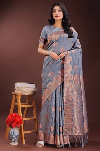 Grey linen cotton woven zari work tassel saree
