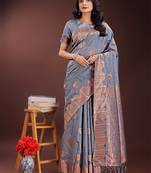 Grey linen cotton woven zari work tassel saree
