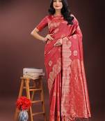 Red linen cotton woven zari work tassel saree