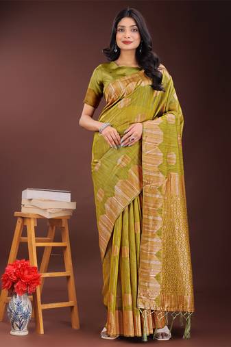 Mustrad linen cotton woven zari work tassel saree