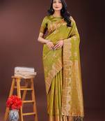 Mustrad linen cotton woven zari work tassel saree
