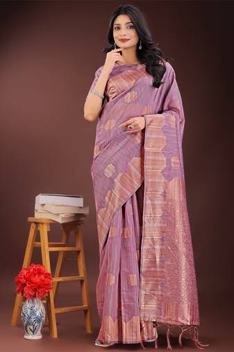 Purple linen cotton woven zari work tassel saree