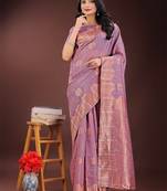 Purple linen cotton woven zari work tassel saree