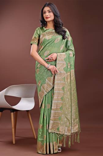 Light green linen cotton woven zari work tassel saree
