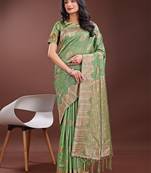 Light green linen cotton woven zari work tassel saree