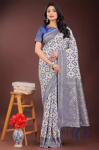 Blue linen cotton woven zari work tassel saree