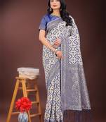 Blue linen cotton woven zari work tassel saree