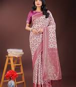 Pink linen cotton woven zari work tassel saree