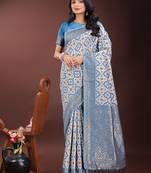 Sky blue linen cotton woven zari work tassel saree