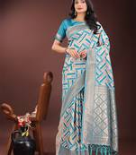 Sea green linen cotton woven zari work tassel saree