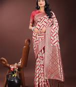 Red linen cotton woven zari work tassel saree