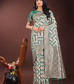 Green linen cotton woven zari work tassel saree