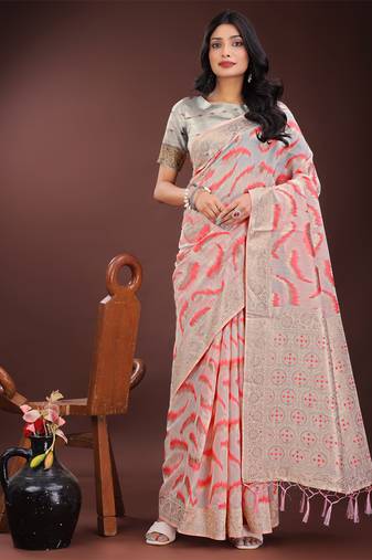 Peach linen cotton woven zari work tassel saree