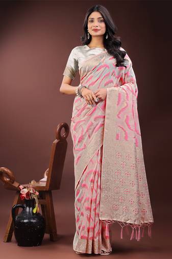 Light pink linen cotton woven zari work tassel saree