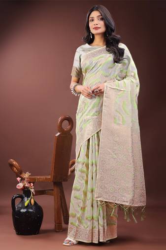 Light green linen cotton woven zari work tassel saree