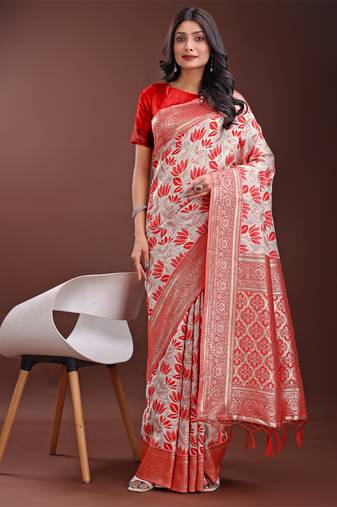 Red linen cotton woven zari work tassel saree
