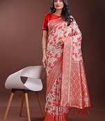Red linen cotton woven zari work tassel saree