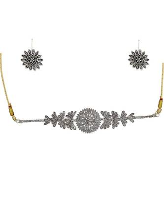 Unique silver oxidised choker necklace set with studs earrings jewellery set for women 1