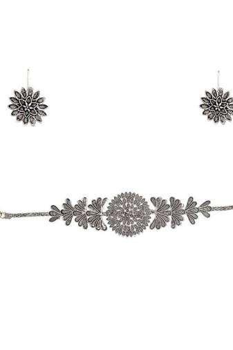 Unique silver oxidised choker necklace set with studs earrings jewellery set for women