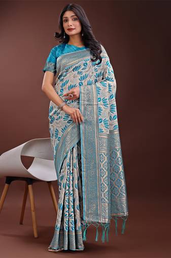 Sea green linen cotton woven zari work tassel saree