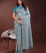 Sea green linen cotton woven zari work tassel saree