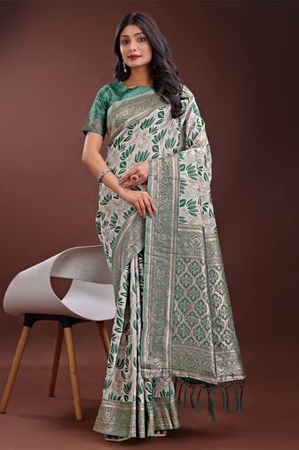 Green linen cotton woven zari work tassel saree