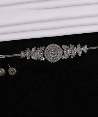 Unique silver oxidised choker necklace set with studs earrings jewellery set for women 2