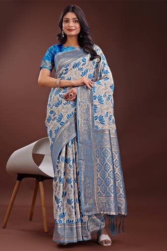Sky blue linen cotton woven zari work tassel saree