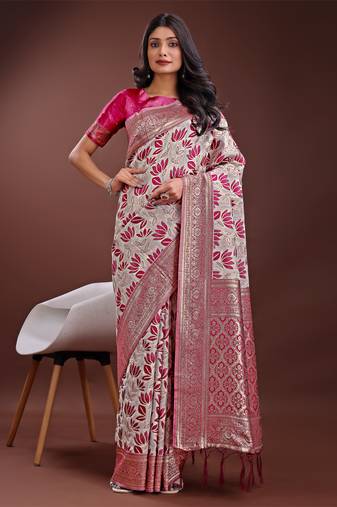 Purple linen cotton woven zari work tassel saree
