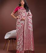 Purple linen cotton woven zari work tassel saree