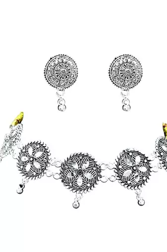Traditional oxidised silver choker necklace jewellery set for women