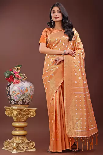 Peach cotton woven zari work tassel saree