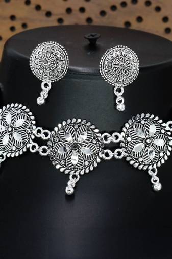 Traditional oxidised silver choker necklace jewellery set for women