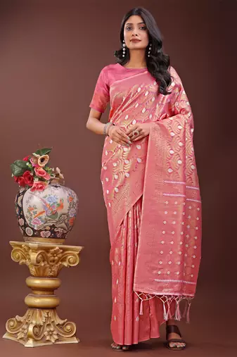 Pink cotton woven zari work tassel saree