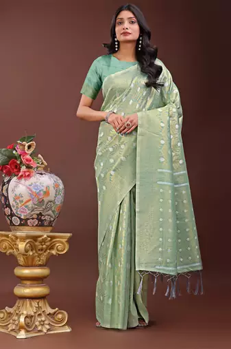 Teal cotton woven zari work tassel saree