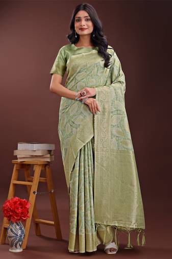 Light green cotton woven zari work tassel saree