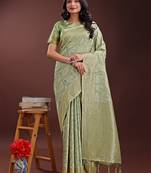 Light green cotton woven zari work tassel saree