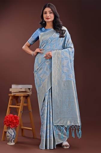 Sky blue cotton woven zari work tassel saree