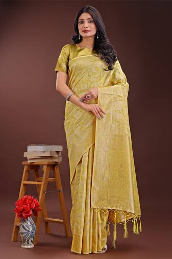 Yellow cotton woven zari work tassel saree