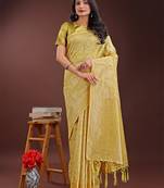 Yellow cotton woven zari work tassel saree