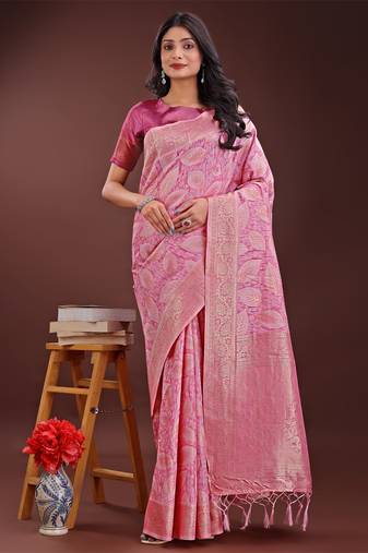 Pink cotton woven zari work tassel saree