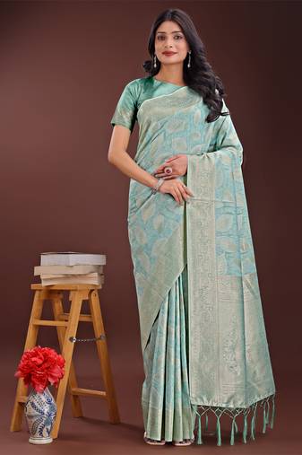Sea green cotton woven zari work tassel saree