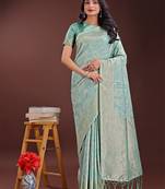 Sea green cotton woven zari work tassel saree