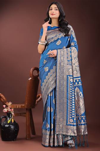 Sky blue silk blend woven zari work tassel saree